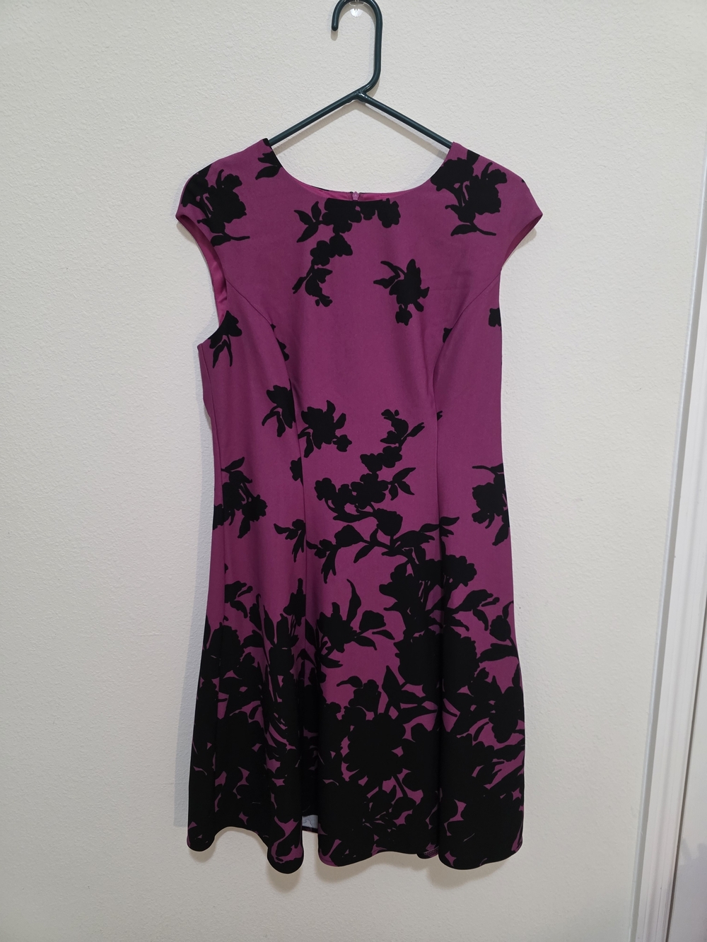 London Times Magenta and Black Floral Fit-and-Flare Midi Dress